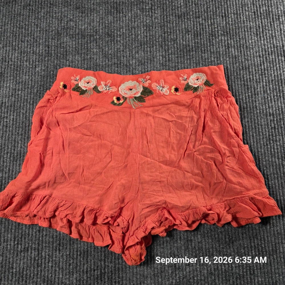 Xhilaration Coral Orange Floral Embroidered Ruffle Hem Shorts Womens Medium